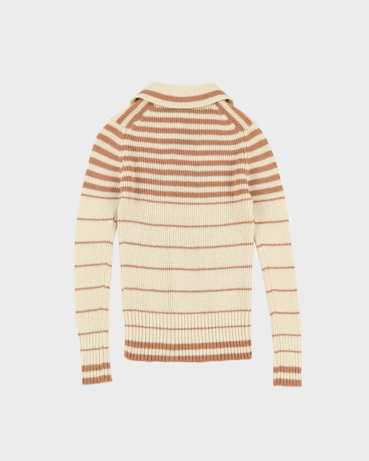 Vintage 1970s Beige Striped Knitted Jumper - XXS