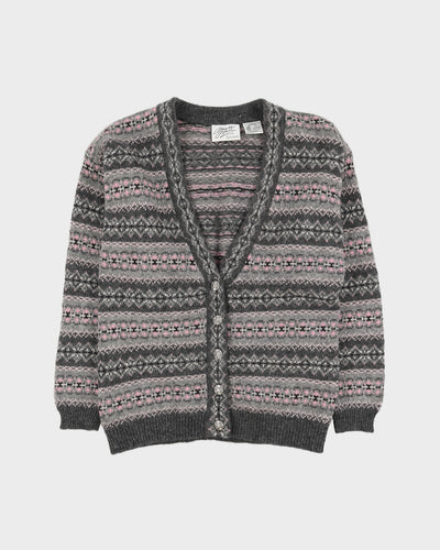 Grey And Pink Pattern Wool Knitted Cardigan - S