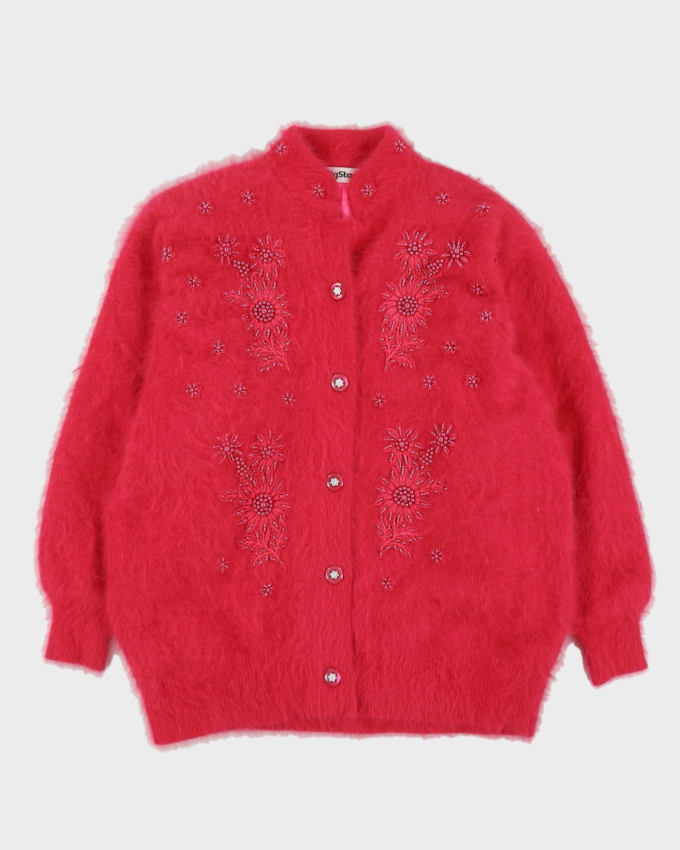 Pink Beaded Angora Knitted Cardigan - L