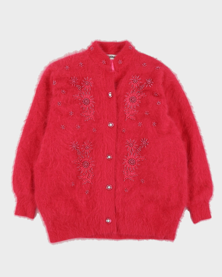 Pink Beaded Angora Knitted Cardigan - L