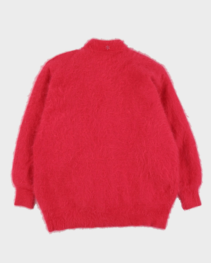 Pink Beaded Angora Knitted Cardigan - L