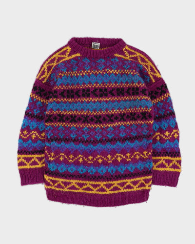 Purple Patterned Wool Knitted Jumper - S