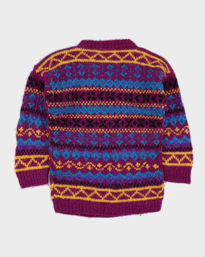 Purple Patterned Wool Knitted Jumper - S