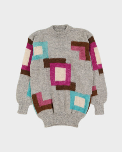 Grey Patterned Hand Knitted Jumper - S