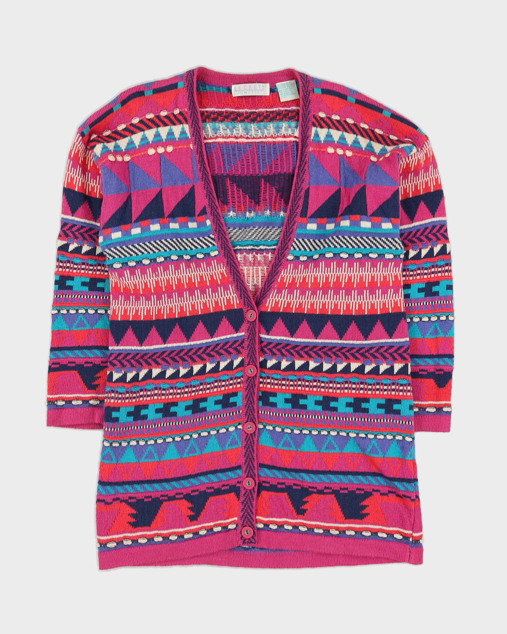 00s Pink Patterned Knitted Cardigan - M