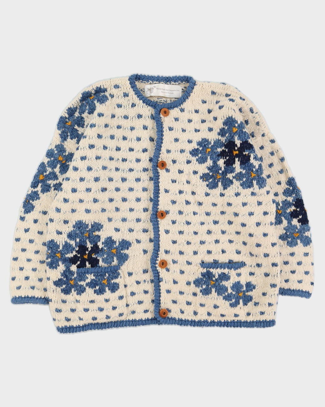 Cream With Blue Flowers Knitted Cardigan - XL