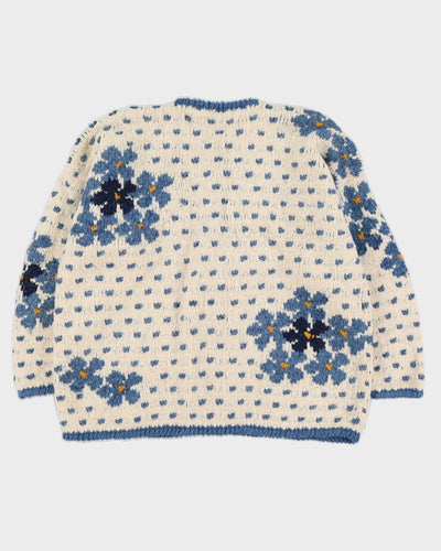 Cream With Blue Flowers Knitted Cardigan - XL