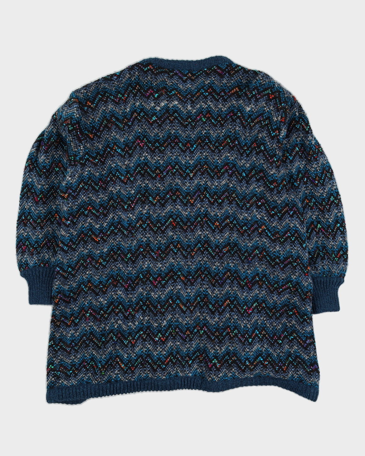 Blue Patterned Long Knitted Cardigan - L