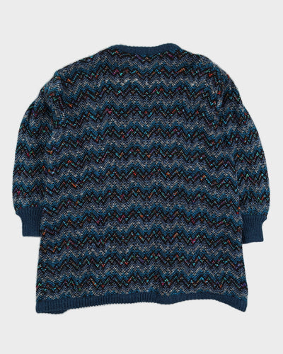Blue Patterned Long Knitted Cardigan - L