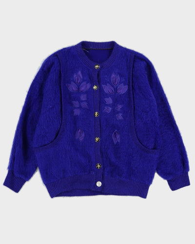 Blue Floral Applique Knitted Cardigan - L