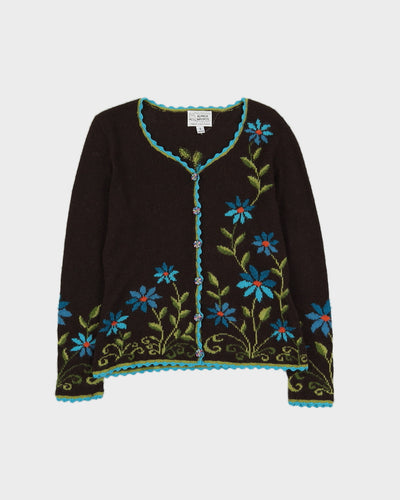 Brown With Blue Flowers Hand Made Cardigan - S
