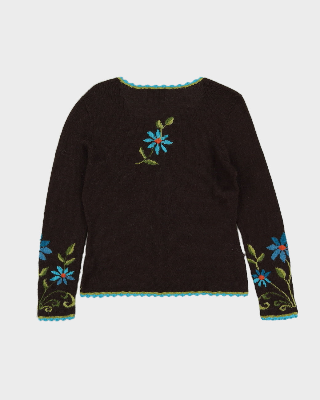 Brown With Blue Flowers Hand Made Cardigan - S