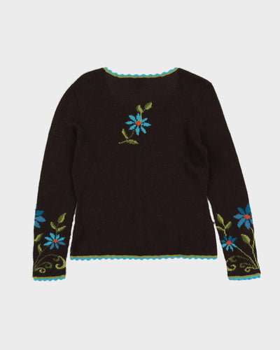 Brown With Blue Flowers Hand Made Cardigan - S