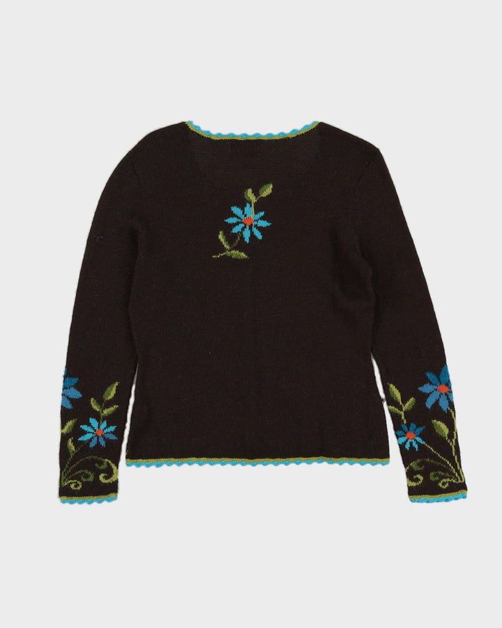 Brown With Blue Flowers Hand Made Cardigan - S