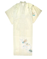 Vintage Lime With Fan Patterned Silk Kimono - M / L
