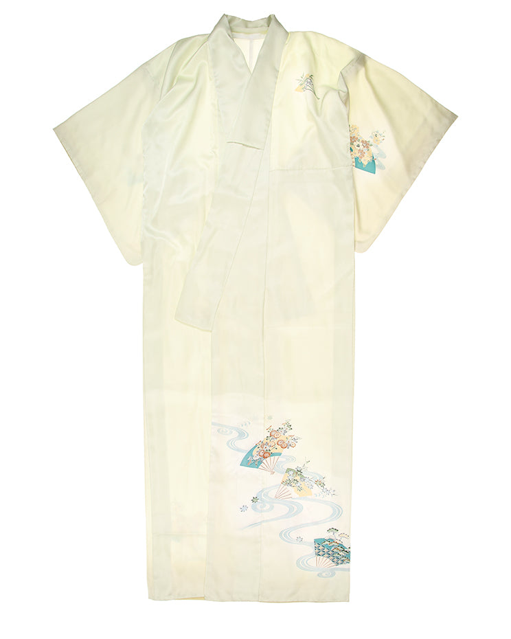 Vintage Lime With Fan Patterned Silk Kimono - M / L