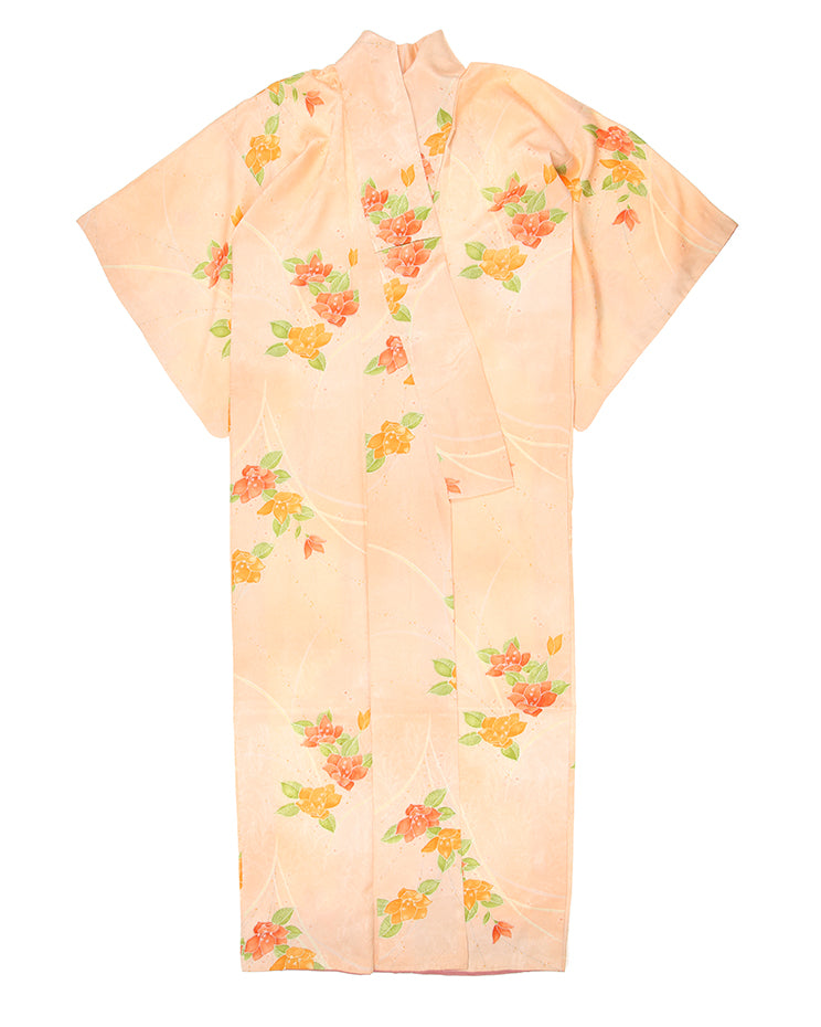 Vintage Peach With Floral Patterned Silk Kimono - M