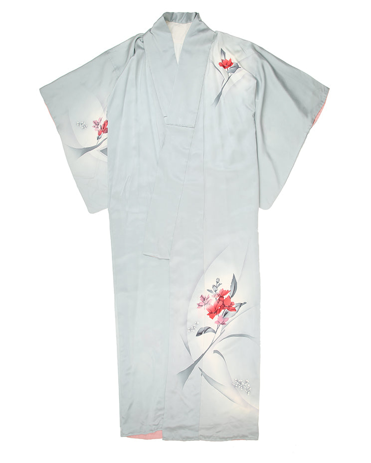 Vintage Dove Grey With Blossoms Patterned Silk Kimono - L
