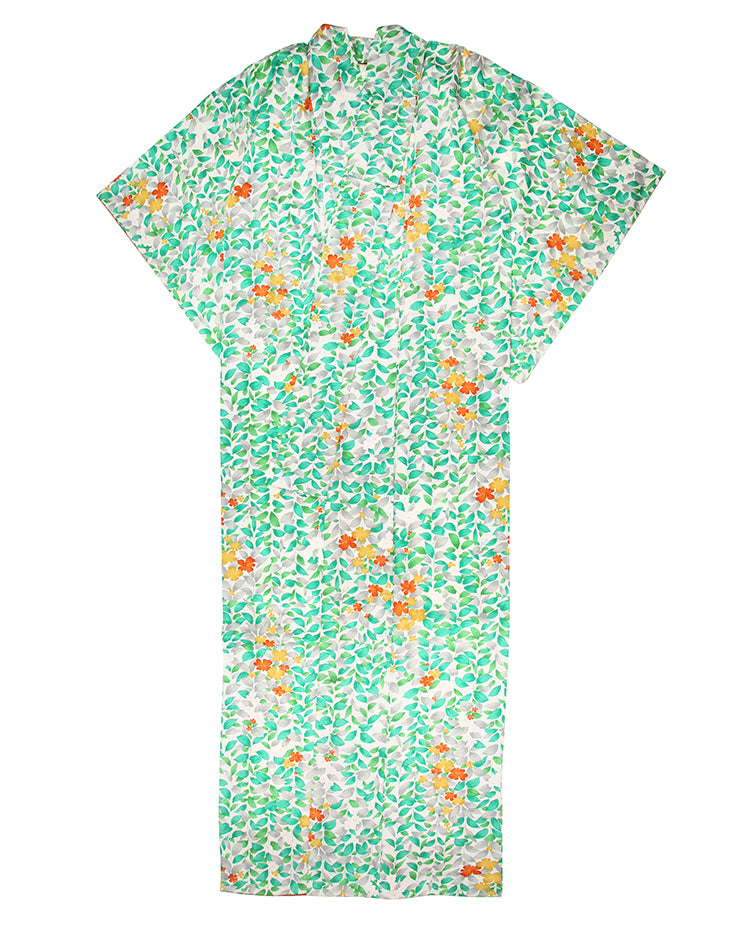 Vintage Green Orange Leaf Blossoms Patterned Silk Kimono S M