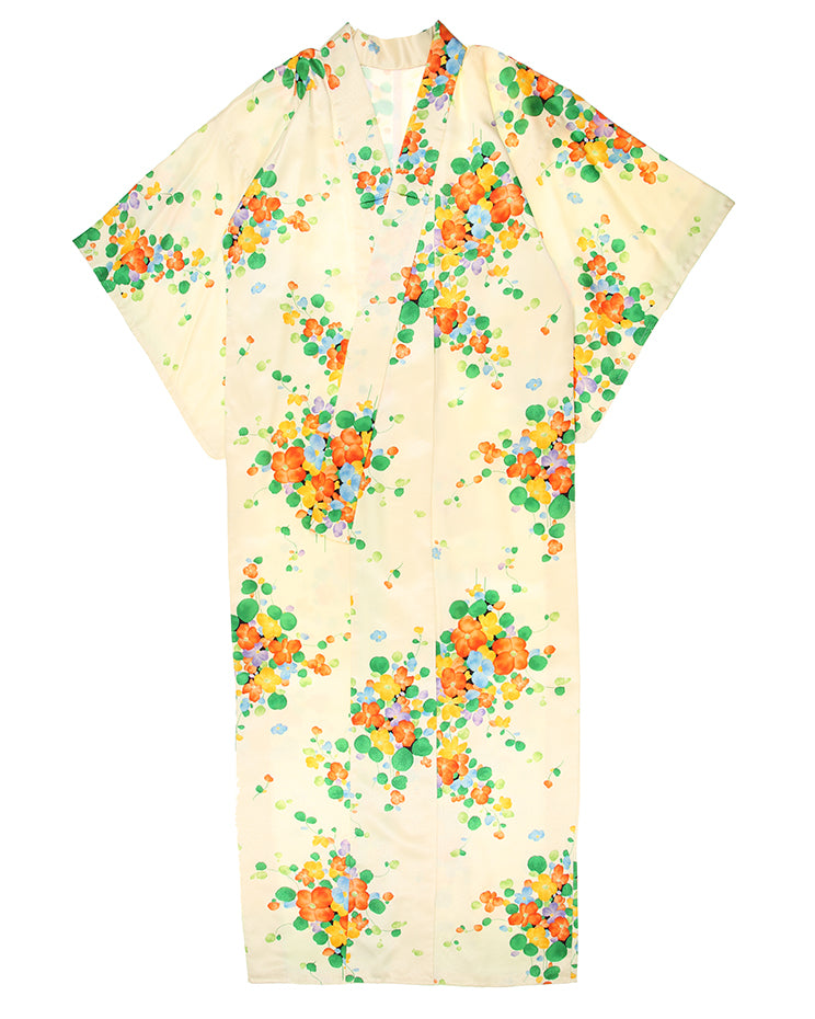 Vintage Green Orange Yellow Blossoms Patterned Silk Kimono M L