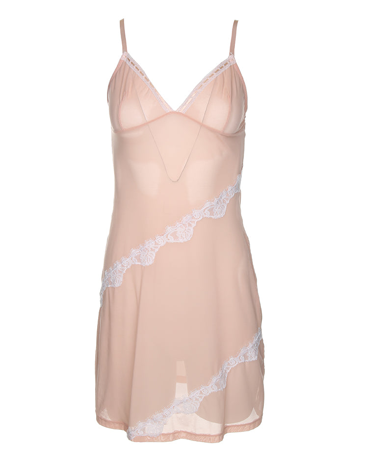 Y2K Sheer Salmon Pink Netting With Lace Details Slip Dress - S