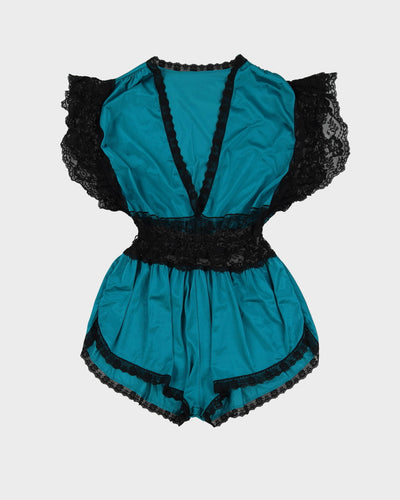 Vintage 1980s Green With Black Lace Playsuit - M