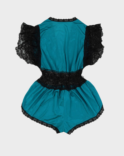 Vintage 1980s Green With Black Lace Playsuit - M