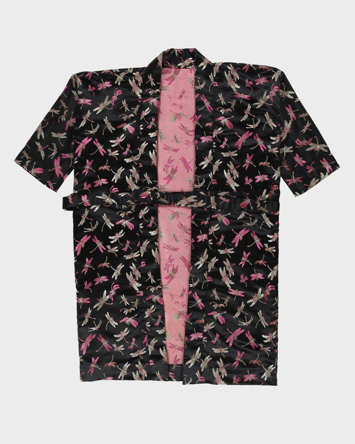 Black With Dragonfly Brocade Dressing Gown - L
