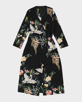 Black Wrap Style Cranes Patterned Dressing Gown - M