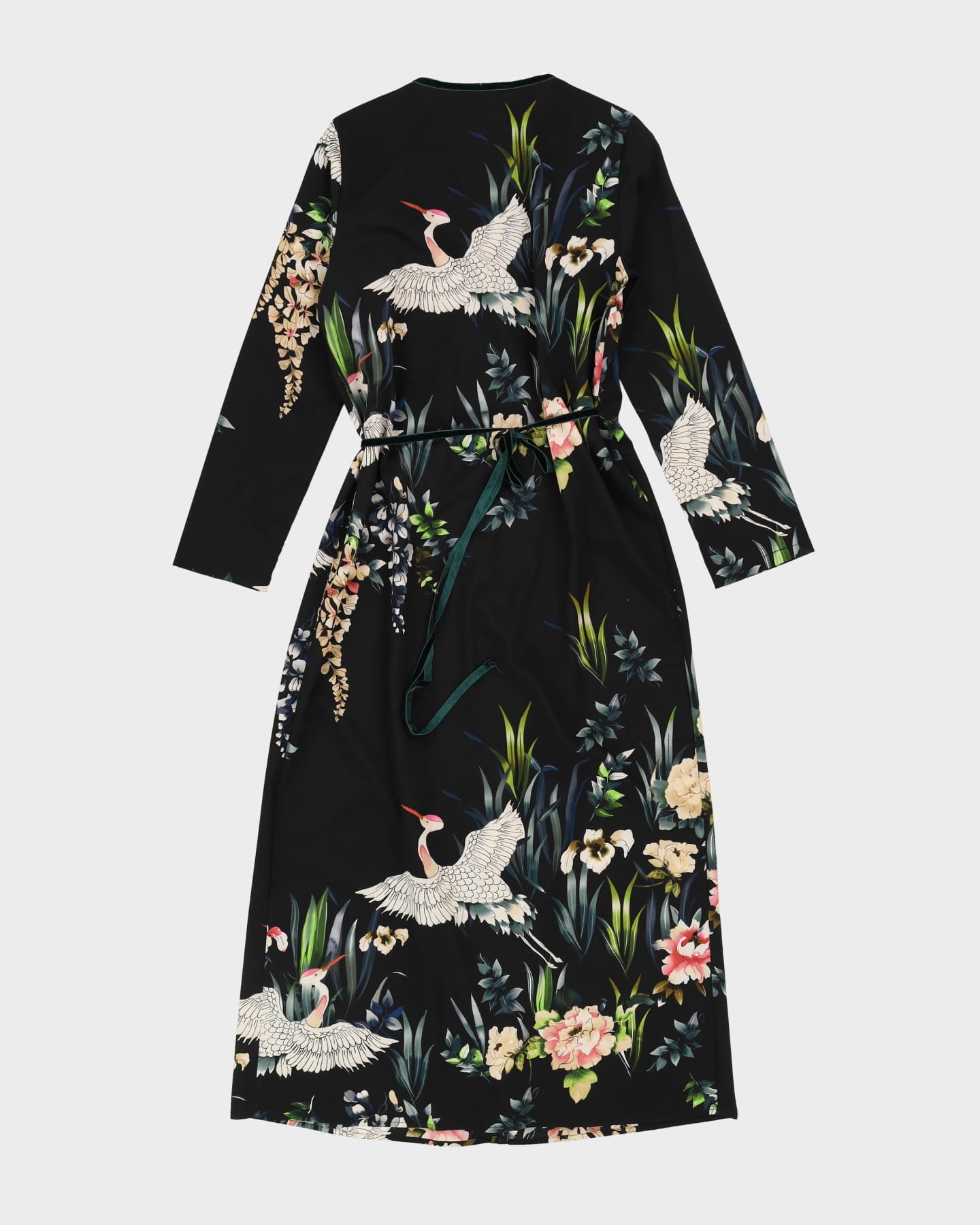 Black Wrap Style Cranes Patterned Dressing Gown - M