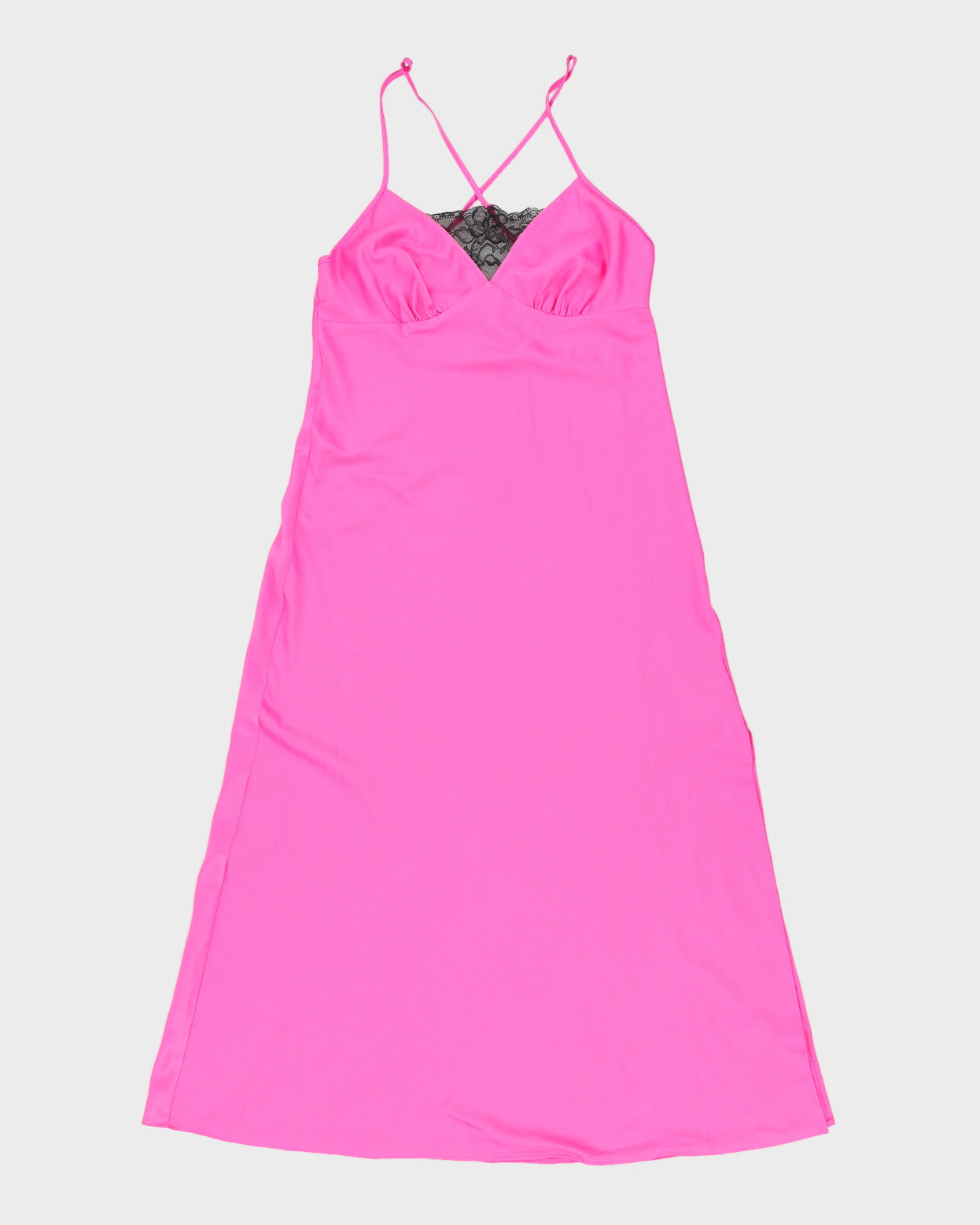 Vintage 1990s Hot Pink Lace Detail Silky Maxi Slip Dress