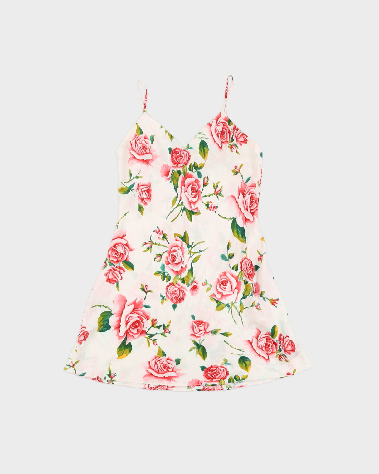 Y2K White Pure Silk Slip Dress with Red Rose Print - S
