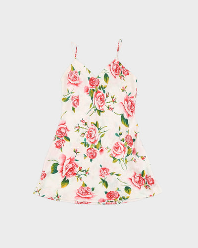 Y2K White Pure Silk Slip Dress with Red Rose Print - S