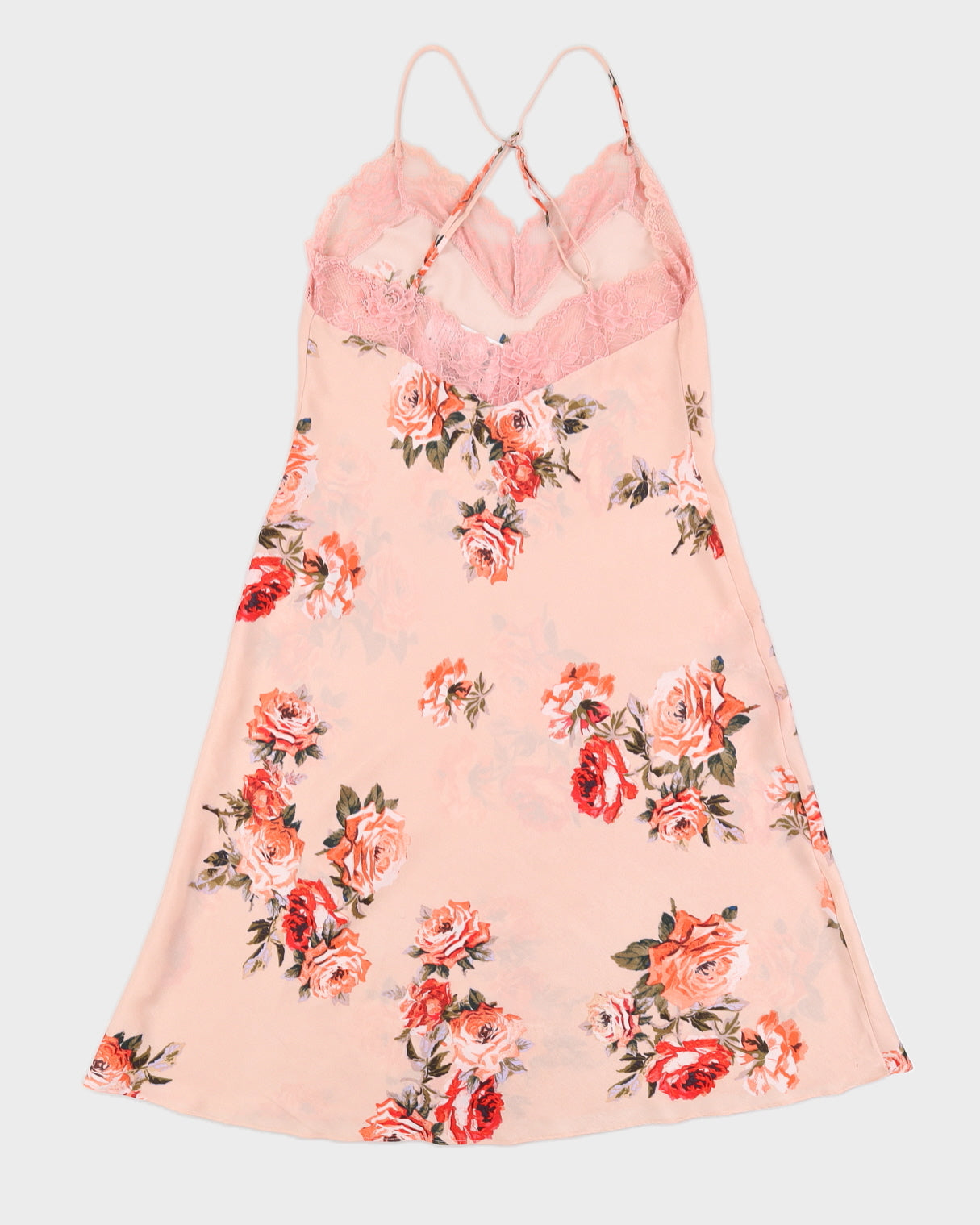 Vintage 1990s Pink Slip Dress With Red Rose Print - M