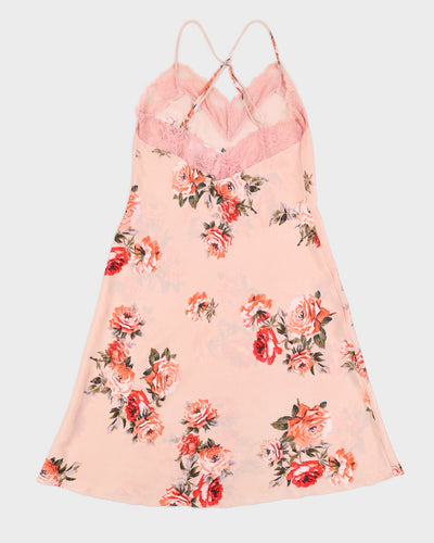 Vintage 1990s Pink Slip Dress With Red Rose Print - M