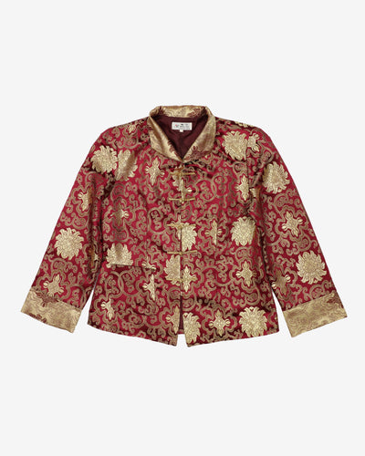 1990s Burgundy Gold Brocade Silk Evening Jacket - S