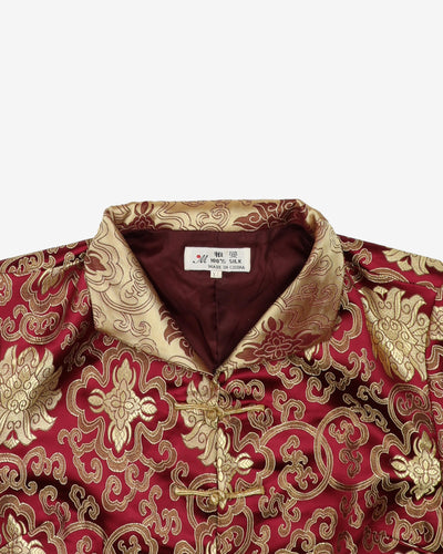 1990s Burgundy Gold Brocade Silk Evening Jacket - S