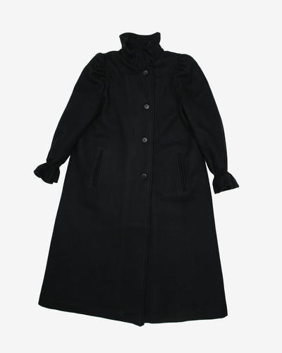 Black Wool With A Frilled Collar Overcoat - S