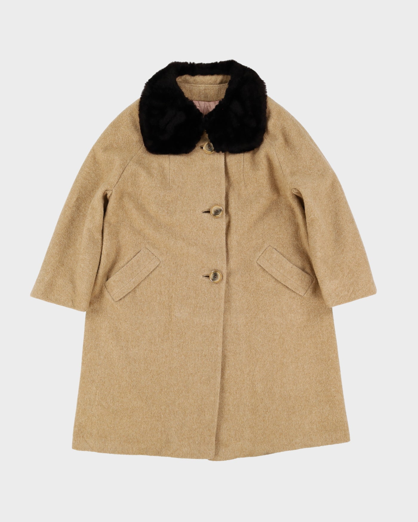 1960s Beige Wool-Blend with Faux Fur Collar Overcoat - L