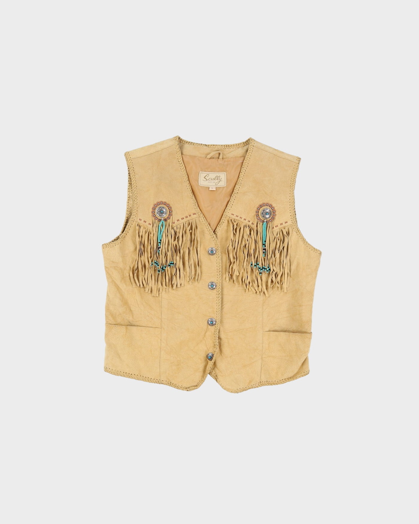 1990s Beige Suede Fringed Beaded Waistcoat - L