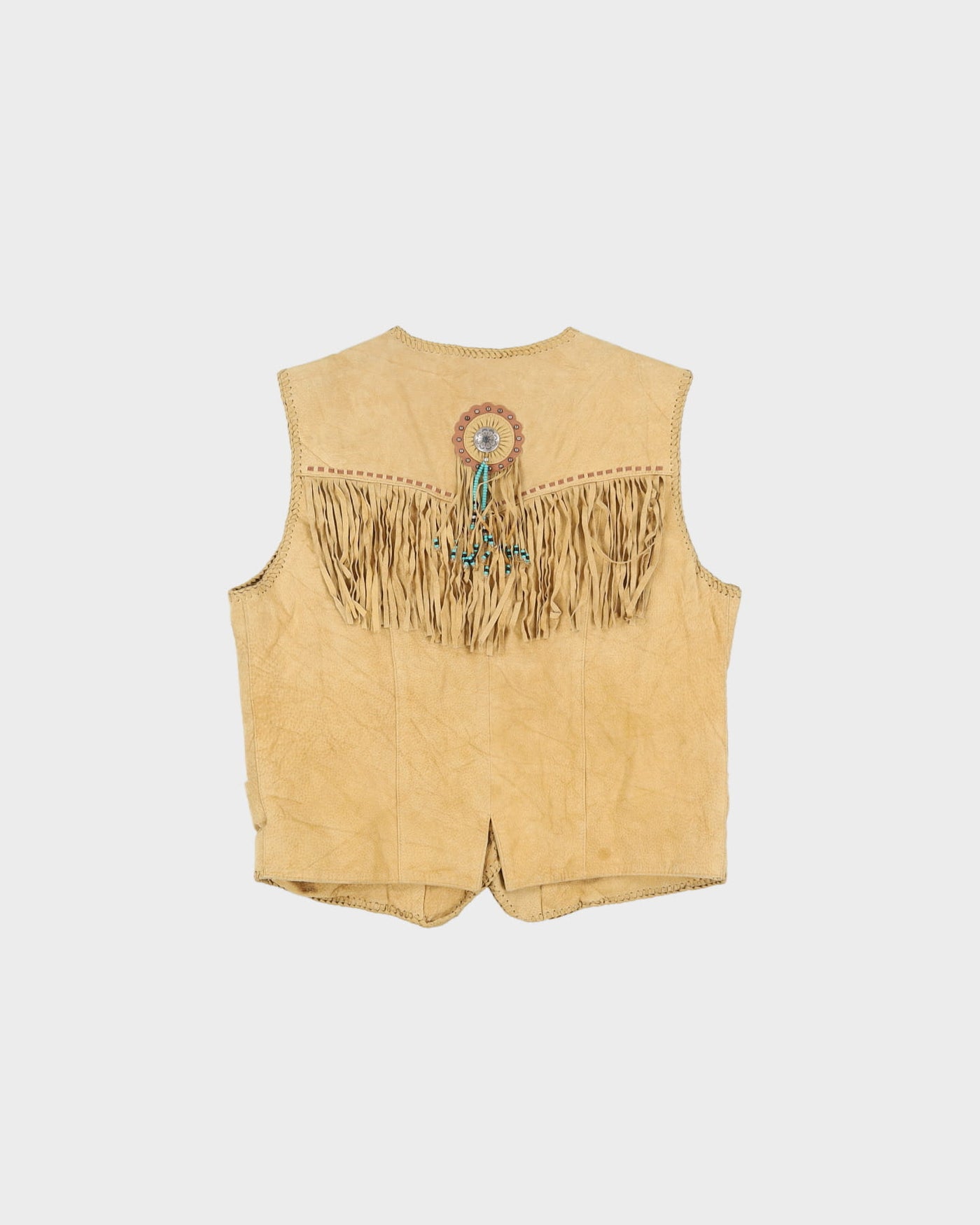 1990s Beige Suede Fringed Beaded Waistcoat - L