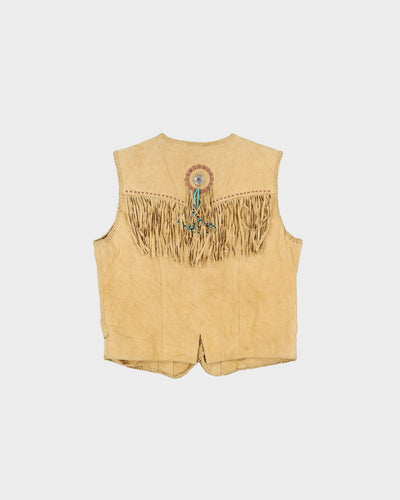 1990s Beige Suede Fringed Beaded Waistcoat - L