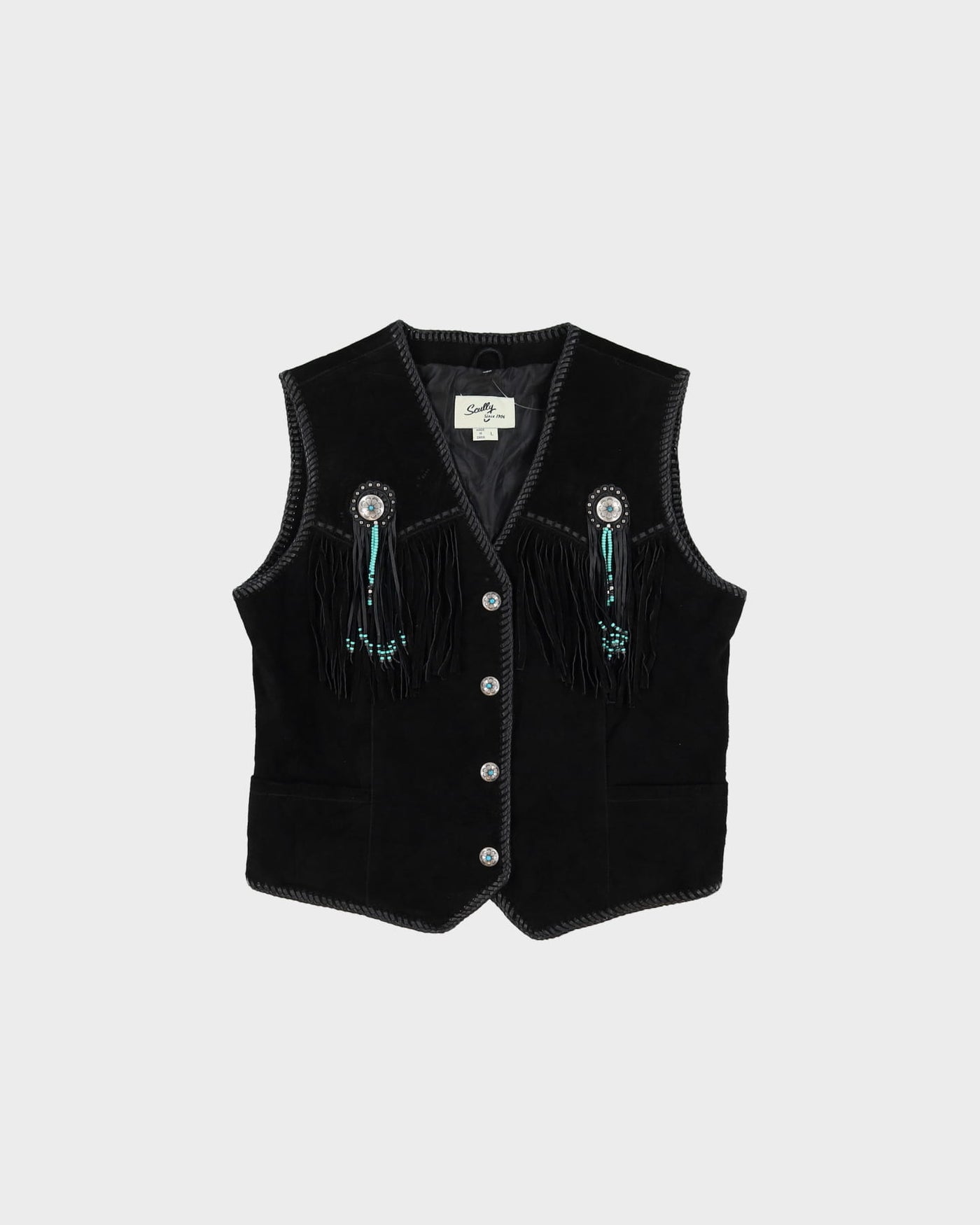 1990s Black Suede Fringed Beaded Waistcoat - L