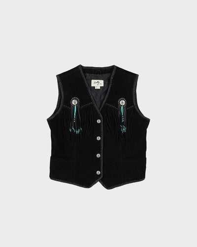 1990s Black Suede Fringed Beaded Waistcoat - L