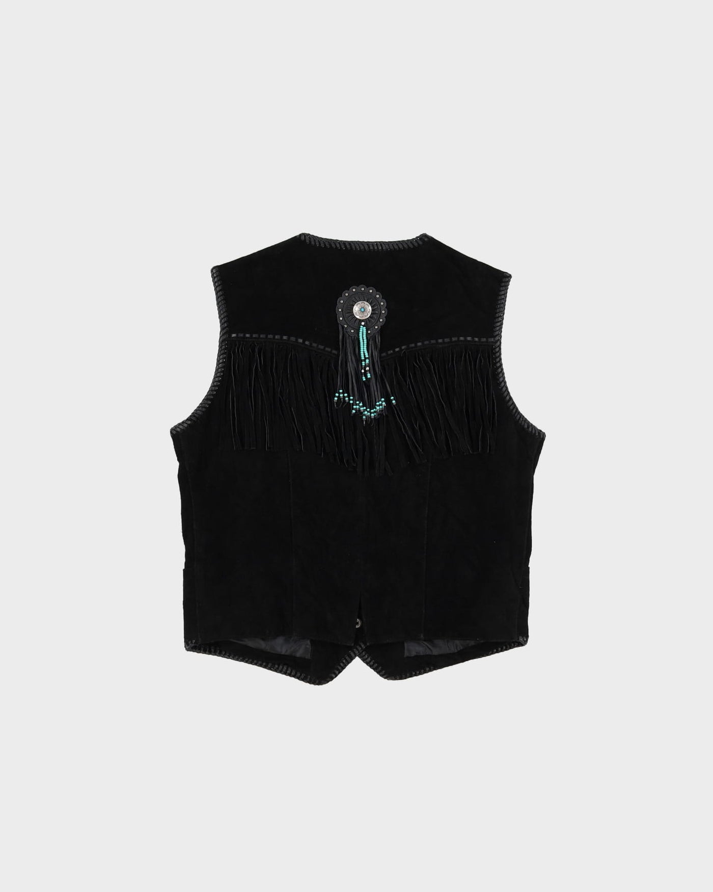 1990s Black Suede Fringed Beaded Waistcoat - L
