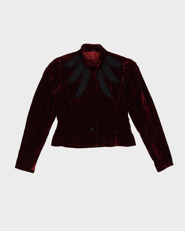1950s Burgundy Velvet Embroidered Evening Jacket - S