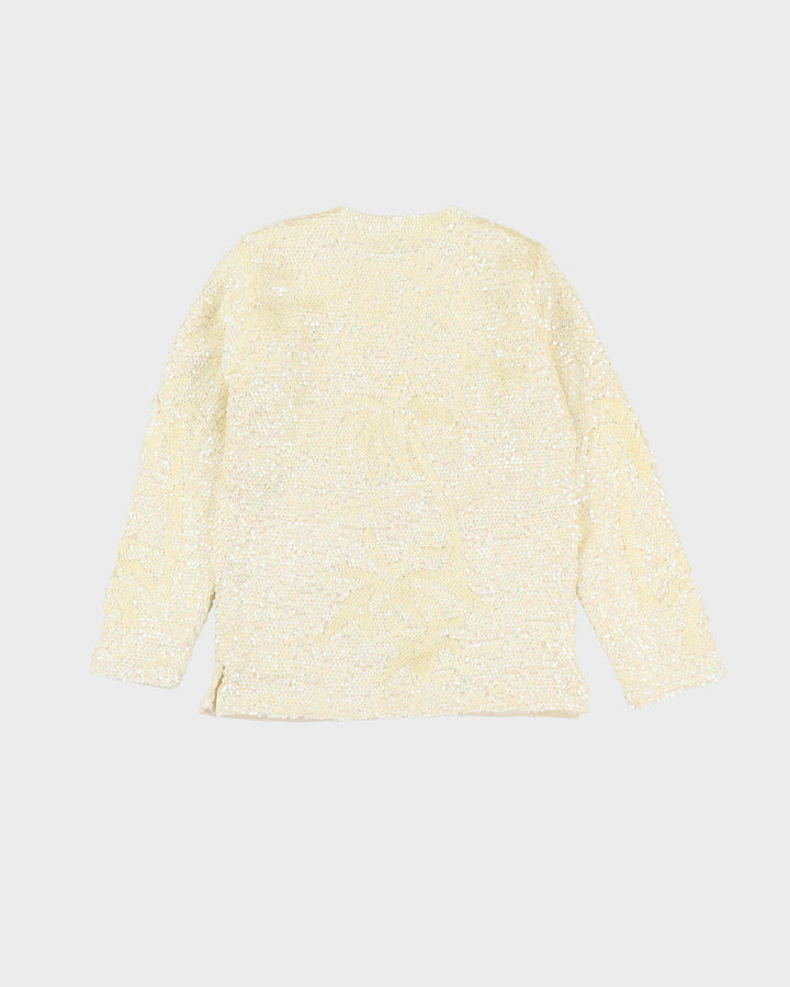 1980s Cream Sequined Cardigan Style Jacket - S
