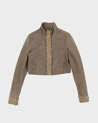 Grey Leather With Gold Studs Jacket - S