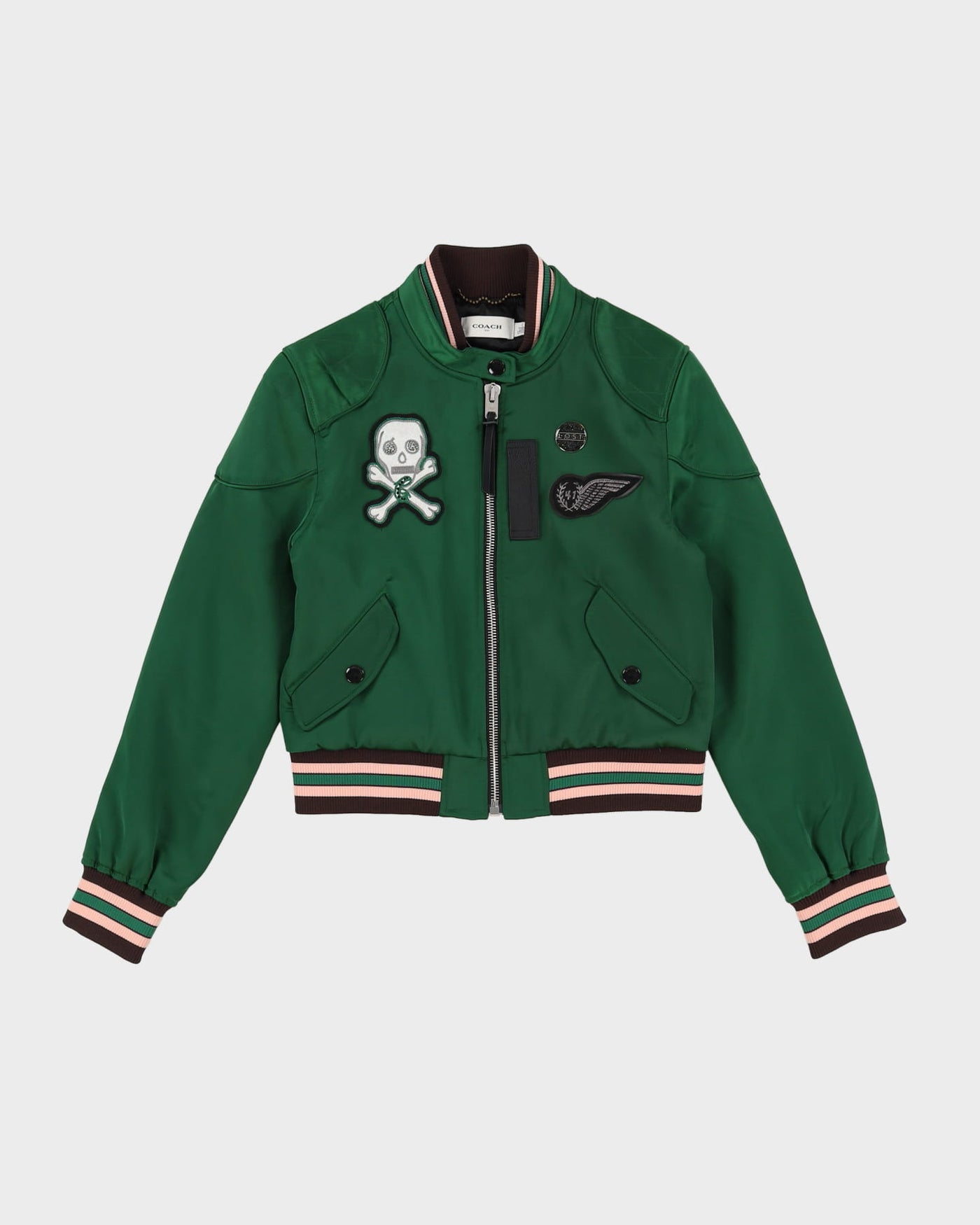 Coach Green Satin Cropped Bomber / Varsity Jacket - XS