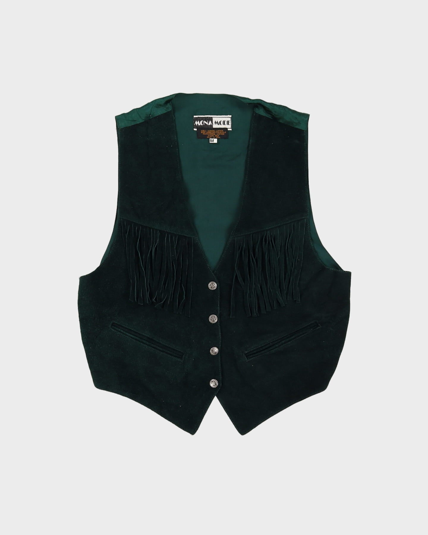 Vintage 1980s Western Dark Green Suede Fringe Waistcoat - M